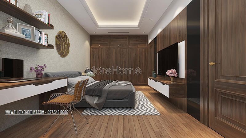 Nội thất phòng ngủ gỗ tự nhiên với thiết kế ấm tường giúp diện tích phòng rộng thoáng hơn