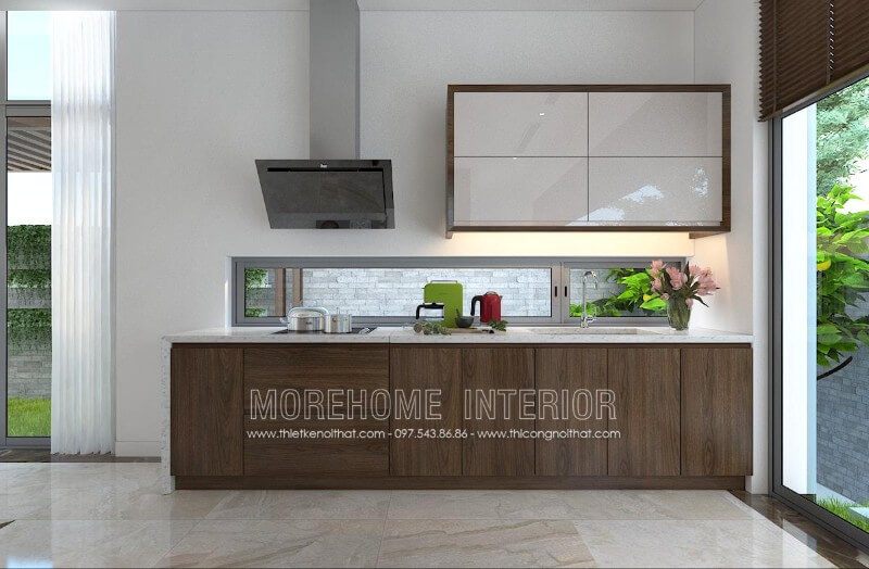 Tủ bếp hiện đại với sự kết hợp hài hòa giữa 2 tone màu trắng và nâu óc chó chủ đạo mang lại không gian nội trợ sang trọng và cuốn hút